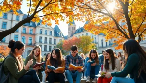 Students engaging in Avrupa'da Üniversite Okumak amidst historic architecture and scenic surroundings.