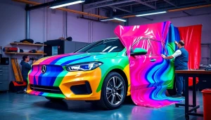 Apply stunning Vinyl Wrap Services to a vehicle, showcasing expert installation and vibrant materials.