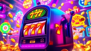 Experience the thrill of สล็อต777 with a vibrant slot machine surrounded by dazzling lights and coins.