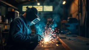 Welder using welding supplies in a workshop, showcasing sparks and tools in action.