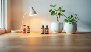 Essential oil bottles arranged aesthetically on a wooden desk, enhancing relaxation in a serene workspace.