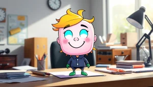 Personalisierter Wackelkopf mit individueller Kleidung, der ein fröhliches Lächeln zeigt und auf einem Schreibtisch platziert ist.
