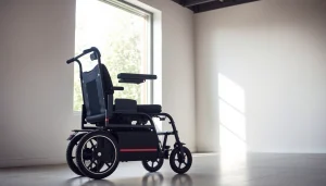 Electric wheelchair showcasing ergonomic design and comfort in a bright indoor setting.