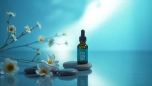 Discover the calming effects of Zen Drops reviews as a bottle rests among soothing natural elements.