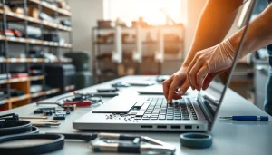 Riparazione pc torino: Tecnico esperto che ripara un laptop in un moderno laboratorio tecnico.