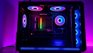 PC CASE Manufacturer showcasing a modern PC case with RGB lighting in a gaming environment.