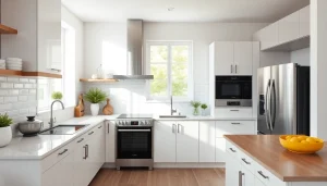 Showcase of affordable kitchen appliances in a beautifully designed kitchen space, emphasizing modern features and aesthetic appeal.