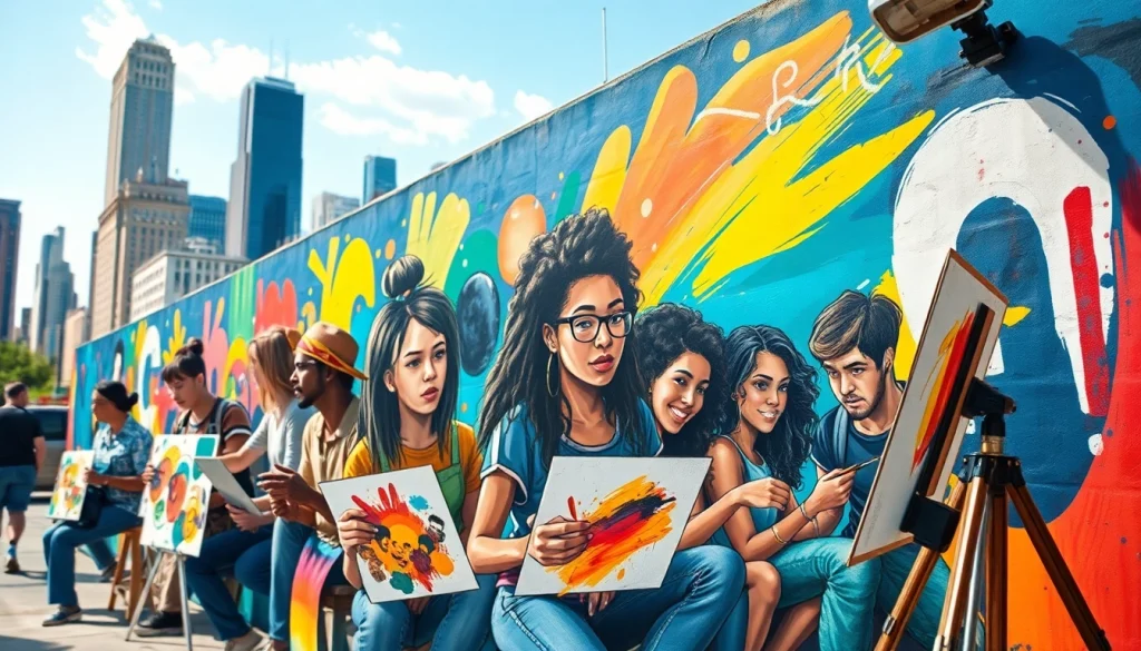 Showcasing emerging artists in Chicago creating vibrant street art in an urban setting.