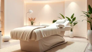 Erleben Sie luxuriöse liegen Kosmetik auf einer eleganten Behandlungsliege in einer entspannenden Umgebung.