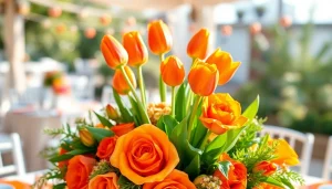 Stylish arrangement of Orange County event flowers showcasing vibrant orange tulips and roses.