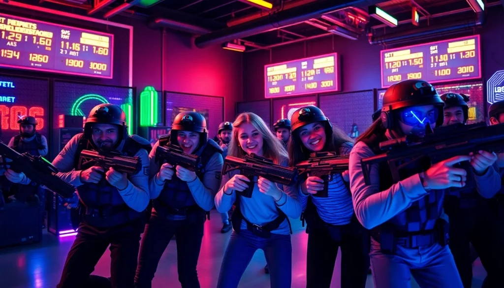 Exciting laser tag gameplay with friends in a vibrant neon-lit arena