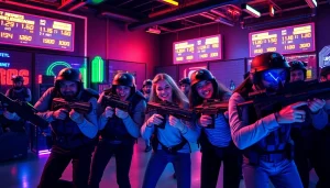 Exciting laser tag gameplay with friends in a vibrant neon-lit arena