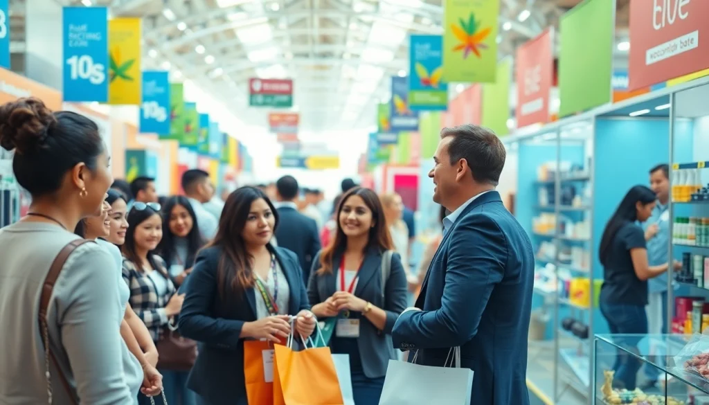 Engaging trade marketing booth attracting consumers in a vibrant marketplace setting.