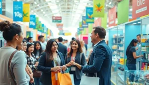 Engaging trade marketing booth attracting consumers in a vibrant marketplace setting.