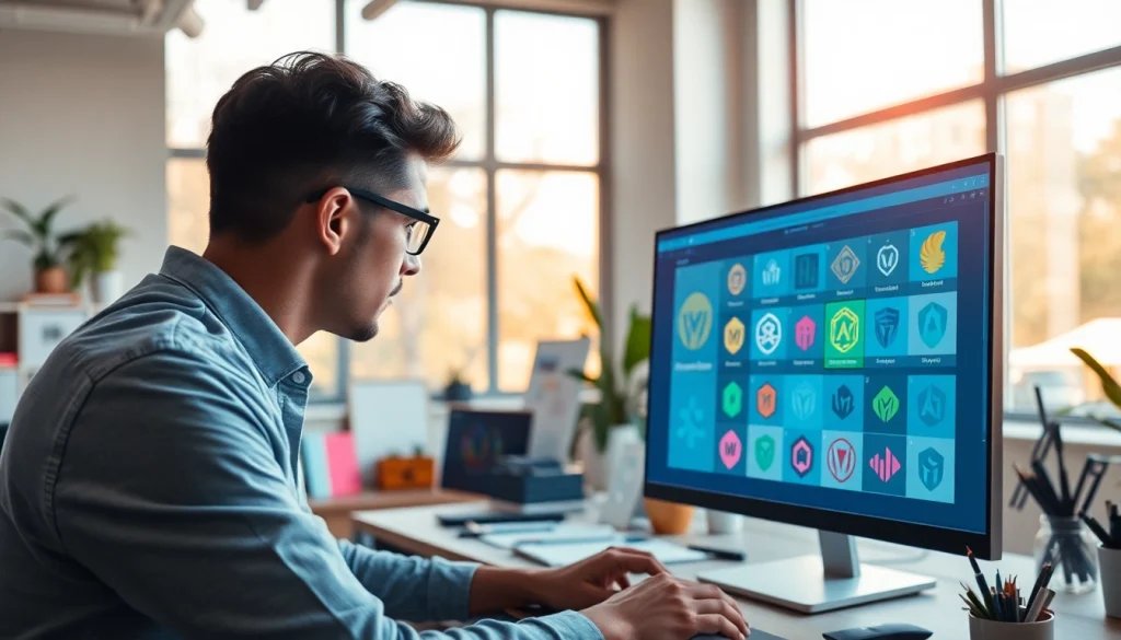 Craft a stunning custom AI logo design with professional tools in a vibrant studio.
