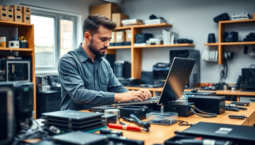Riparazione computer torino con un tecnico esperto che lavora in un laboratorio moderno.