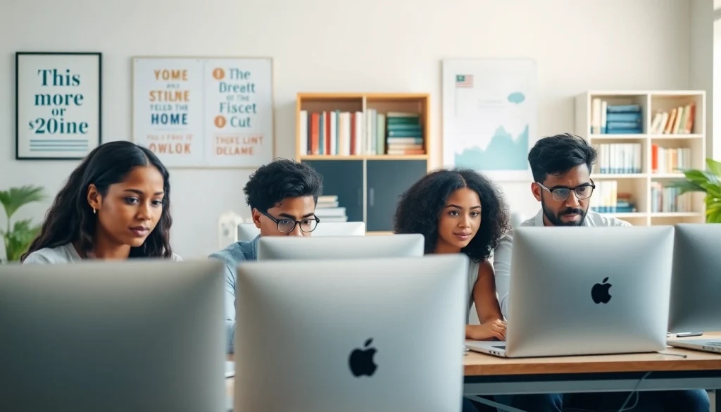 Individuals studying online university degrees from UK in a modern home office environment.