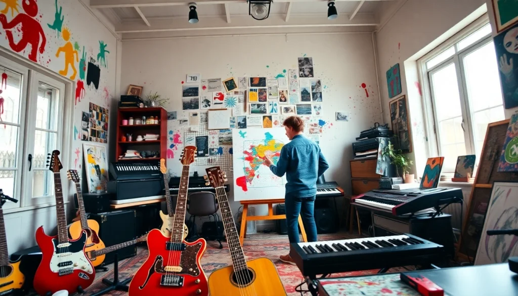 Independent artist immersed in creativity, showcasing vibrant studio life and artistic passion.