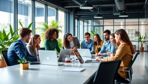 Empowered professionals discussing digital marketing Edmonton strategies in a modern workspace.