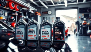 Showcase racing engine oils with a sleek sports car in an energetic garage atmosphere.