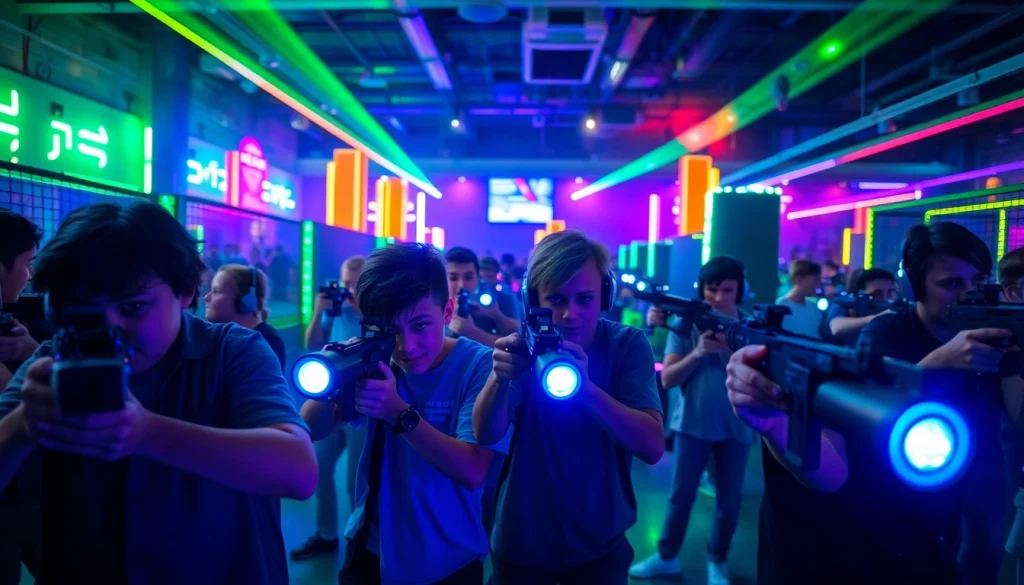 Kids engaged in laser tag battle with colorful lights enhancing the excitement