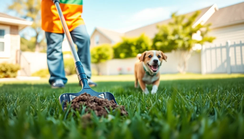 Professional dog poop cleanup service efficiently scooping waste in a sunny backyard.