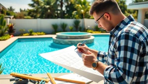 Skilled swimming pool builder designing a luxurious backyard pool with vibrant landscaping.