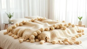 Adorned Moroccan pompom blanket from https://labboho.com/collections/pompom-blanket showcasing exquisite texture and charm.