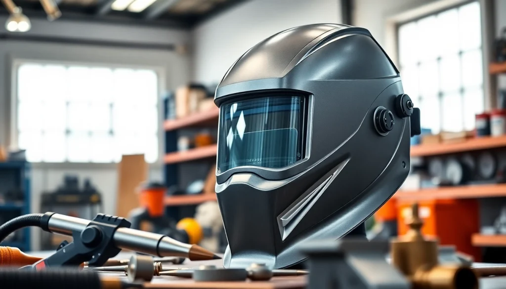 Welding mask showcased prominently in a workshop, featuring a glossy finish and auto-darkening lens.
