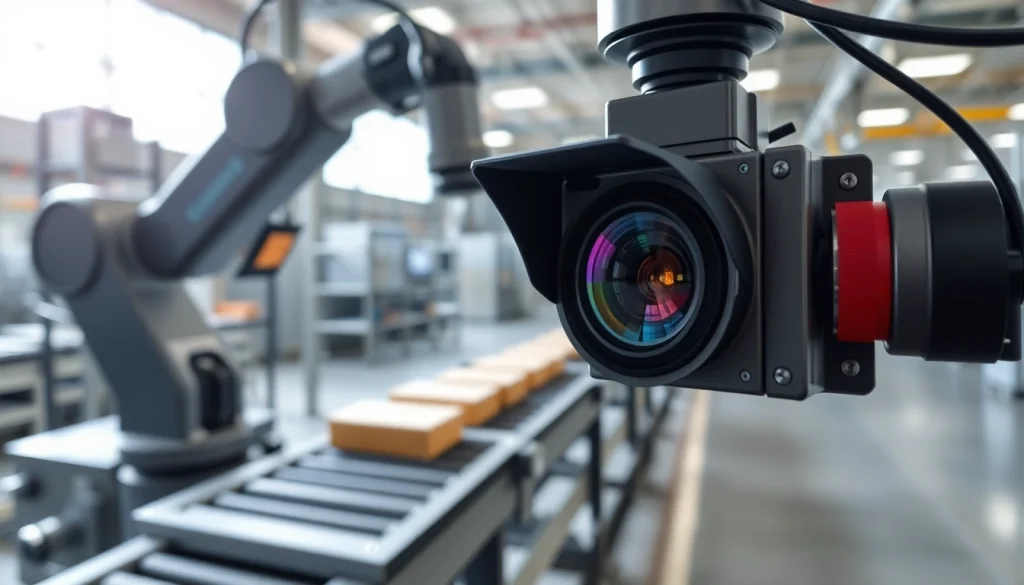 Machine vision setup showcasing a camera analyzing products on a conveyor in an industrial setting.