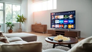 Explore IPTV Subscription USA options with a modern living room setup showcasing a smart TV.
