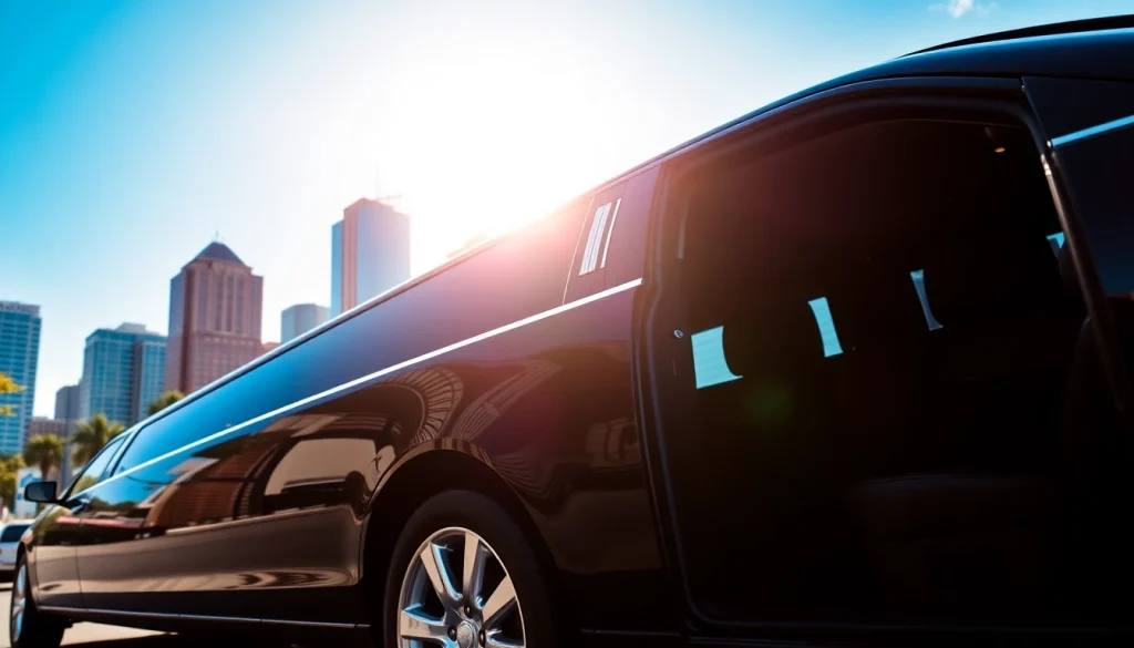 Enjoy premium limo service Augusta GA with a luxurious vehicle and vibrant Richmond skyline.