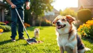 Dog clean up service technician enjoying a sunny day while cleaning dog waste in a backyard.