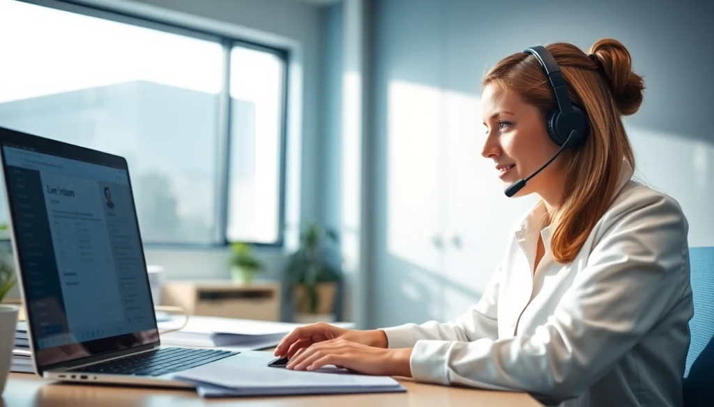 Efficient legal intake services specialist engaging with clients over phone in a professional office.