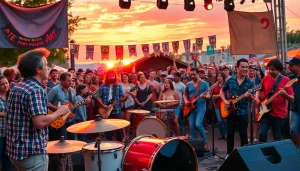 Musicians performing cool alternative rock songs in a lively outdoor festival setting.