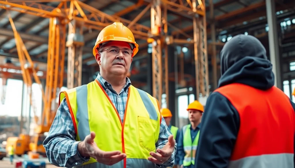 NQV Level 4 Crane supervisor answers in a professional setting with a crane supervisor leading a safety briefing.