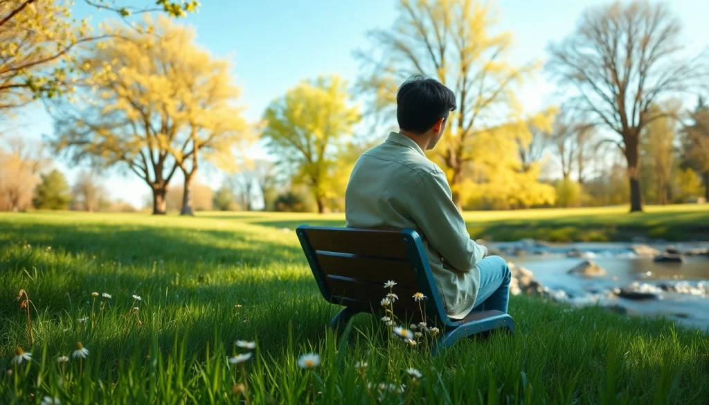 A person dealing with grief finds solace in a tranquil park setting, reflecting beside a gentle stream.