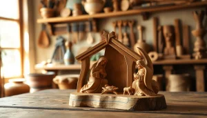Admiring intricate olive wood carvings showcasing a nativity scene in a cozy artisan workshop.
