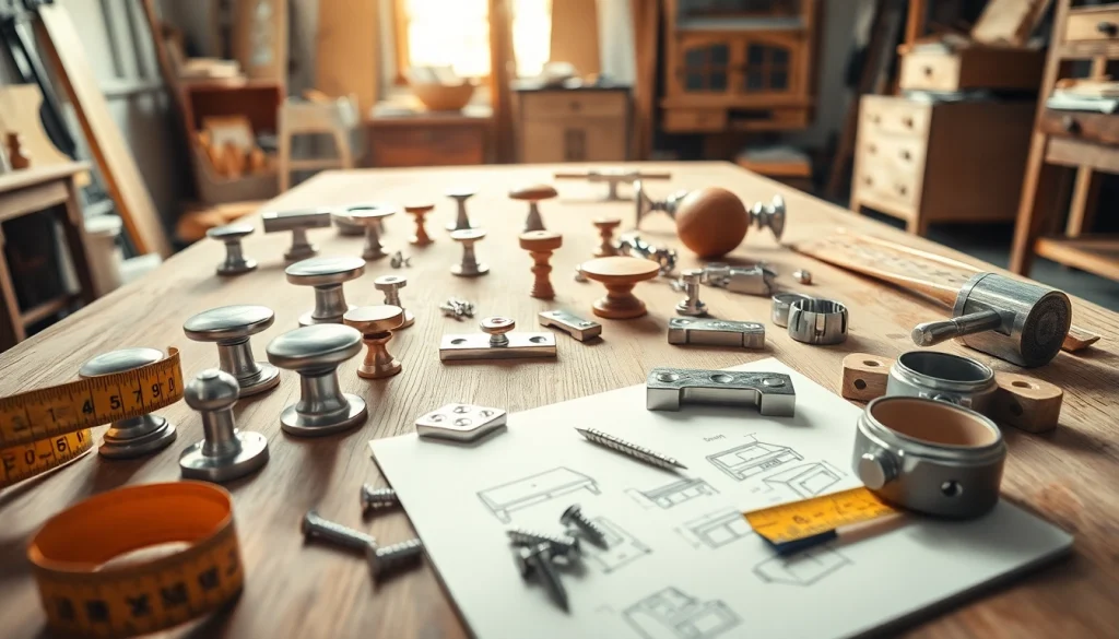 Showcase of various furniture hardware suppliers products including knobs and hinges.