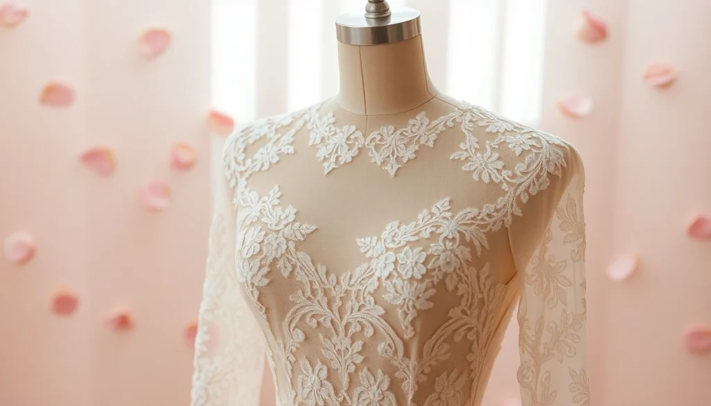 Admire exquisite lace wedding dresses featuring intricate designs and delicate craftsmanship.