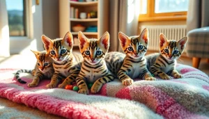 Playful Bengal Kittens for Sale resting on a cozy blanket in a sunlit room.