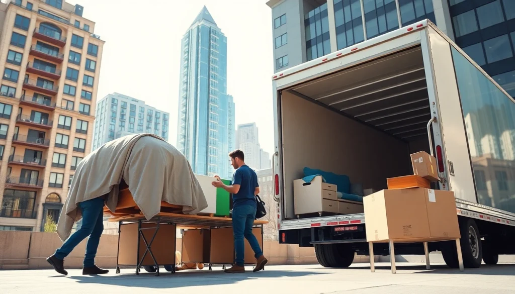 Best movers nyc professionals loading furniture into a moving truck with NYC skyline in the background.