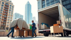 Best movers nyc professionals loading furniture into a moving truck with NYC skyline in the background.
