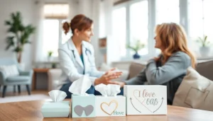 Supporting someone dealing with grief in a calming therapy setting.