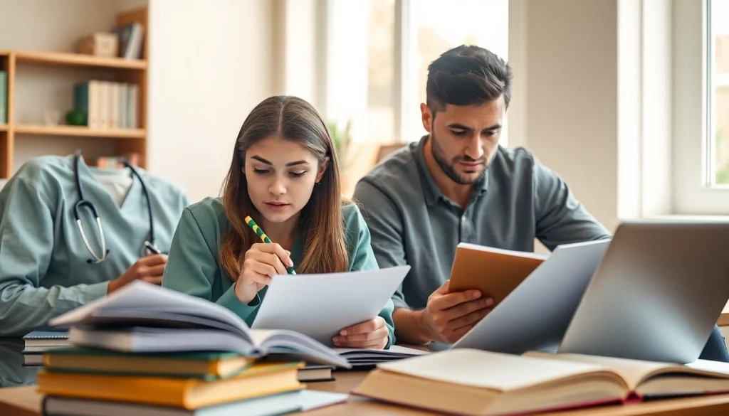 Nursing research paper topics highlighted by focused students in a collaborative study space.
