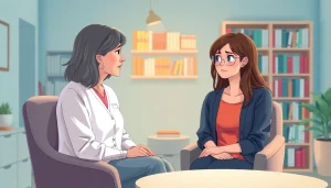 A therapist guides a young adult discussing bulimia nervosa in a calming office space.