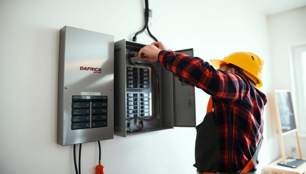 Technician installing an electrical panel in a home setting, showcasing modern equipment.