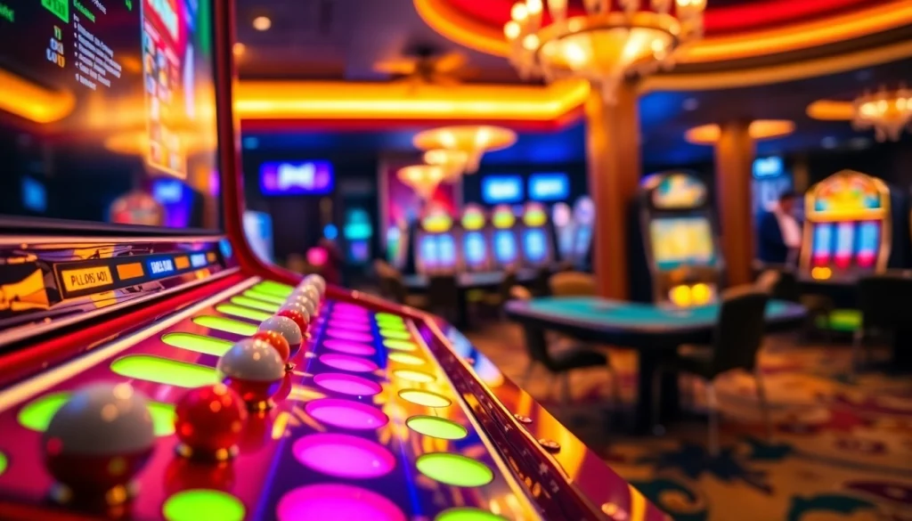 Permainan plinko slot yang menarik dengan bola jatuh dan pemandangan kasino mewah.