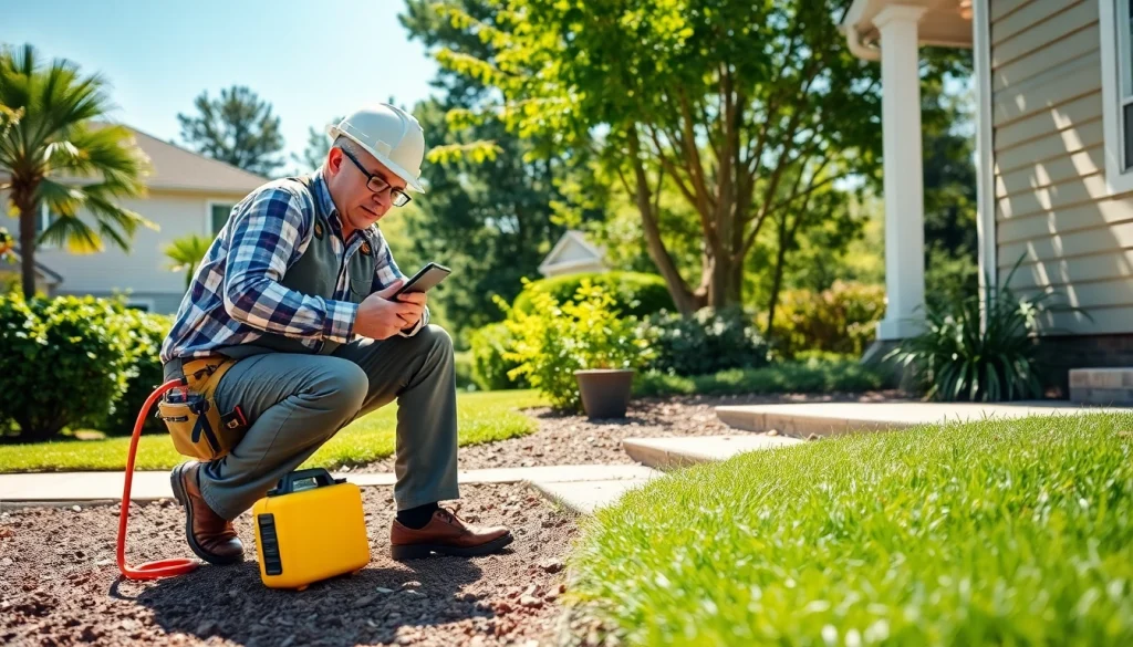 Professional technician assessing termite treatments near a home's foundation.
