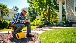 Professional technician assessing termite treatments near a home's foundation.